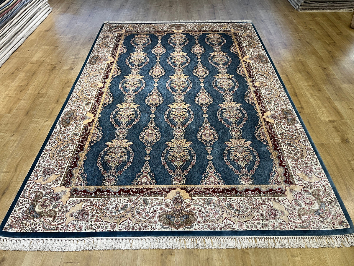 7x10 ft Blue Gold Silk Rug, Framed Classic Design, Turkish Style Carpet