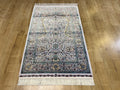 2.62X4.10 ft Ivory Silk Prayer Rug, Green Gold Floral Design, Muslim Prayer Mat