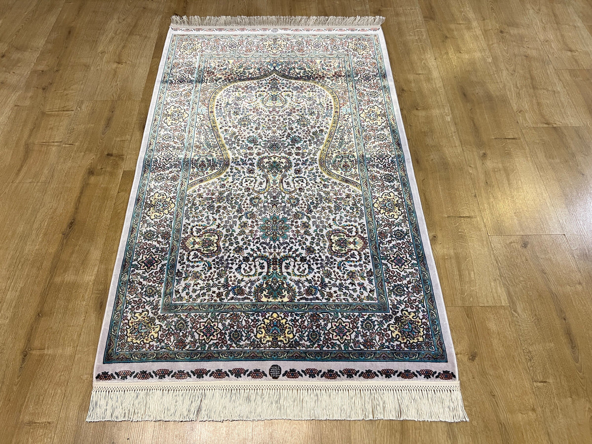 2.62X4.10 ft Ivory Silk Prayer Rug, Green Gold Floral Design, Muslim Prayer Mat
