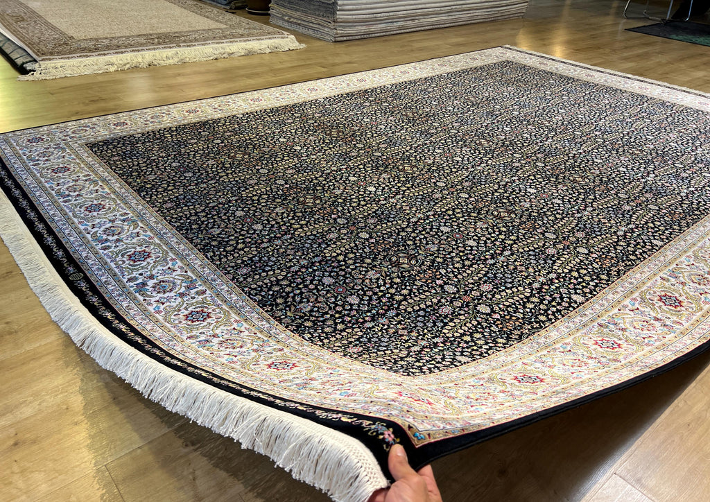 Black Modal Silk Rug 8x11 ft, Traditional Turkish Palace Design