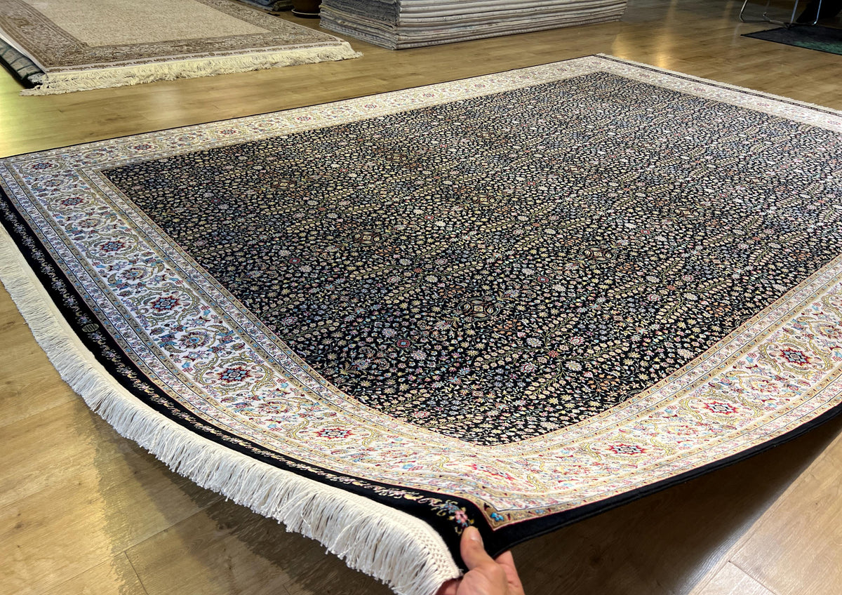 Black Modal Silk Rug 8x11 ft, Traditional Turkish Palace Design