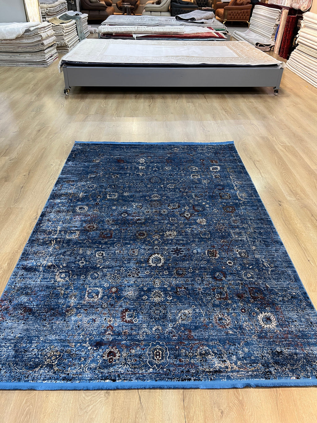Blue Turkish Bamboo Rug, 5x8 ft, Home Decor Carpet