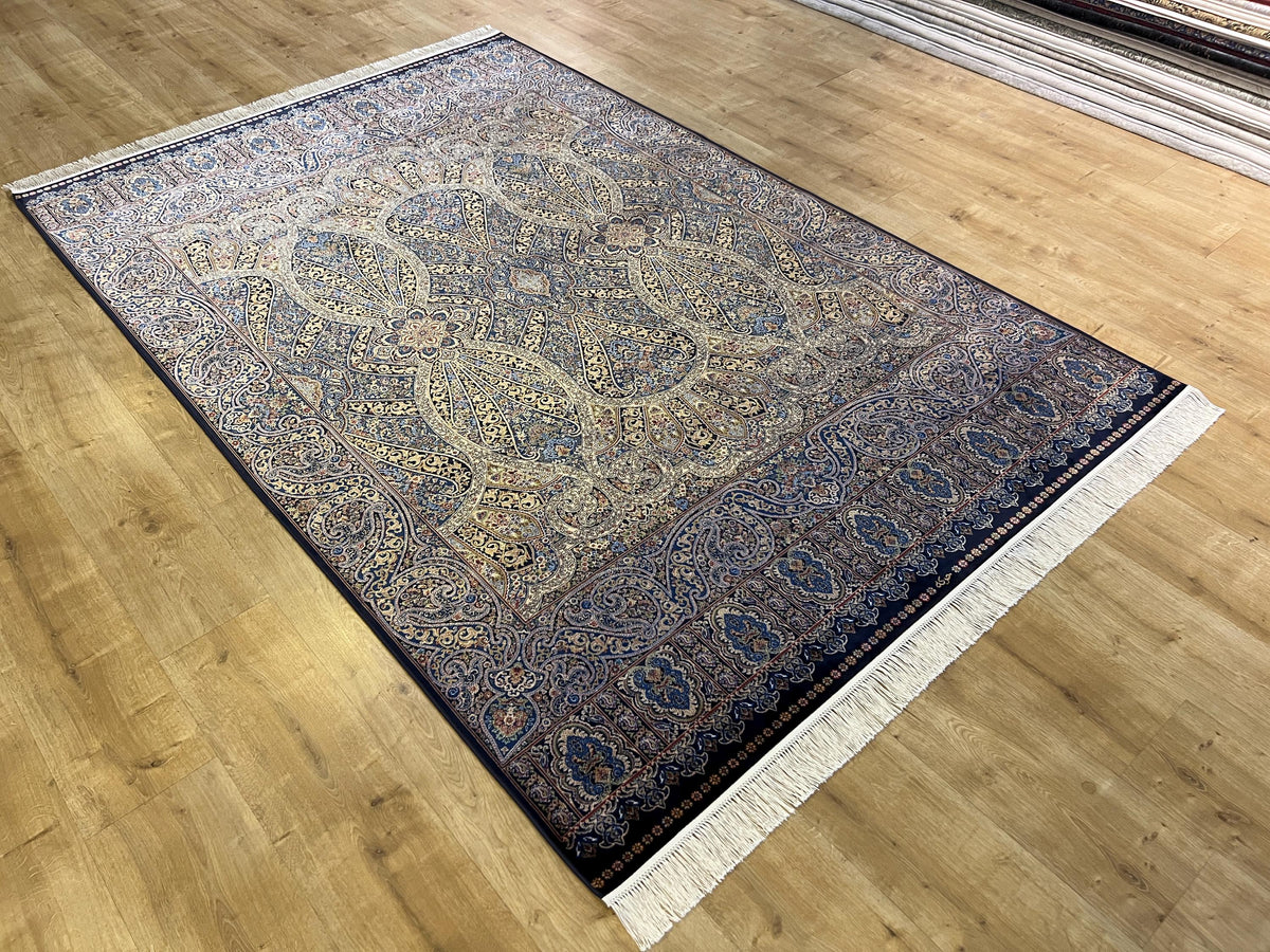 5x8 ft Blue Gold Silk Rug, Classic Turkish Carpet, Luxury Floral Design, Area Rug