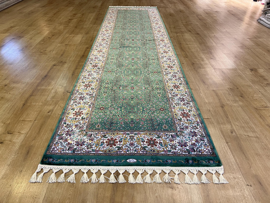 Green Floral Silk Runner Rug, Turkish Style, 3x10 ft, Classic Luxury Hallway Rug