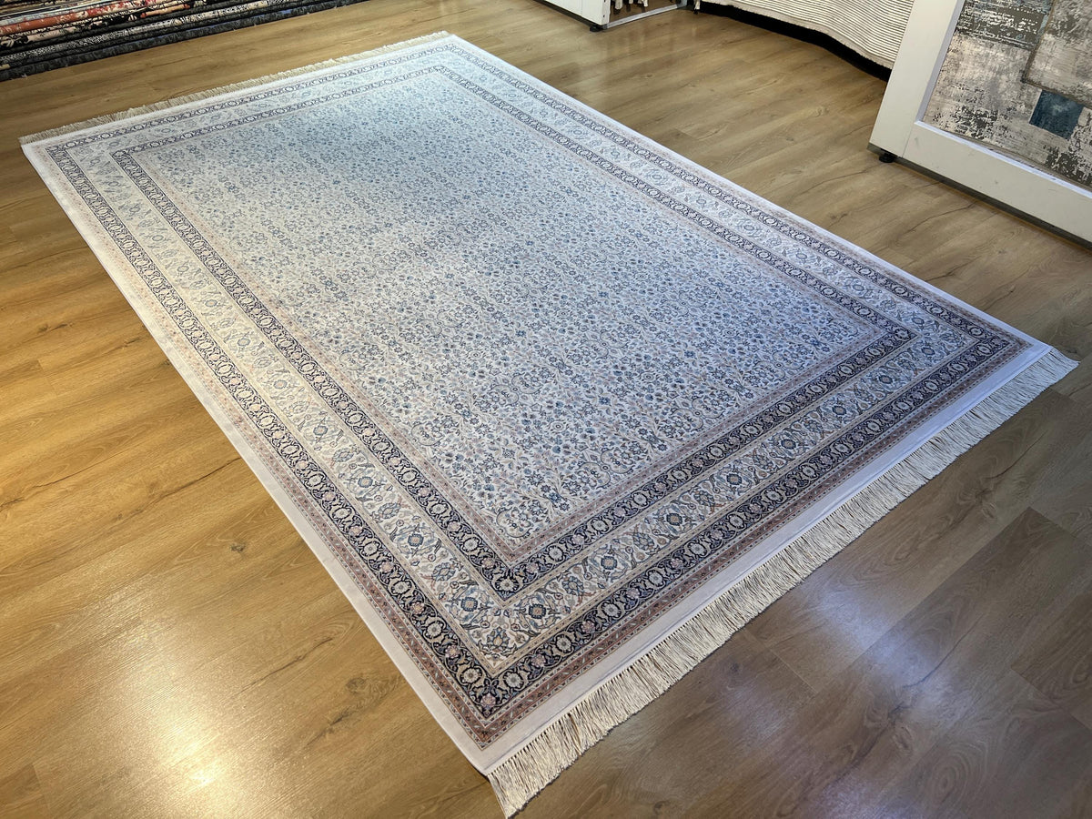 7x10 ft Ivory Silk Rug with Floral Border, Oversize Rug, Classic Turkish Style
