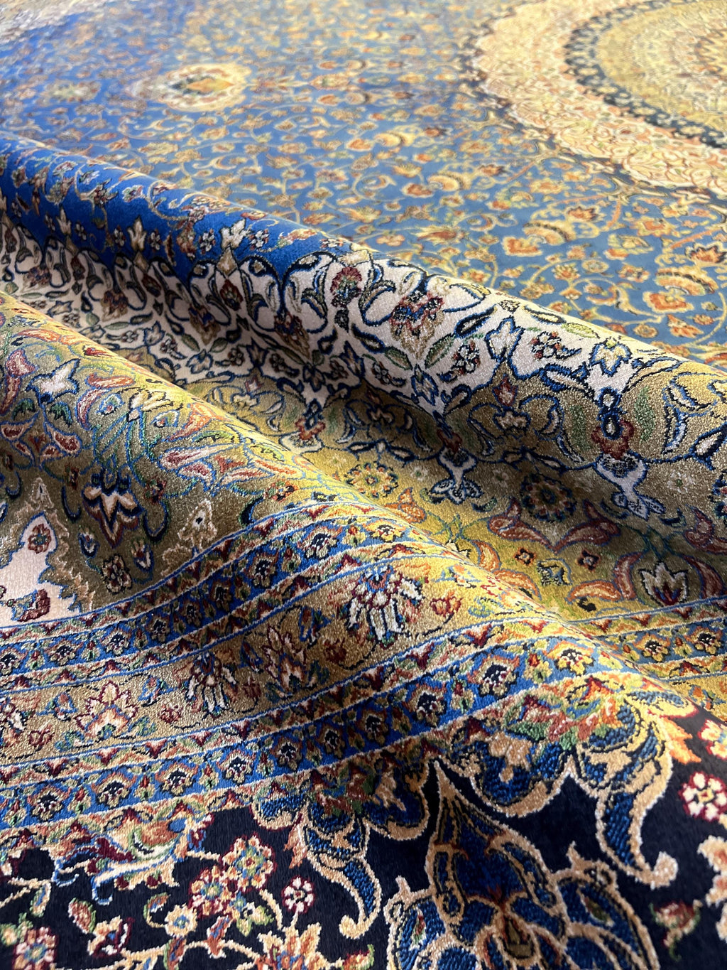Bamboo Silk Rug 10x13 ft, Large Luxury Area Rug with Blue Medallion Design