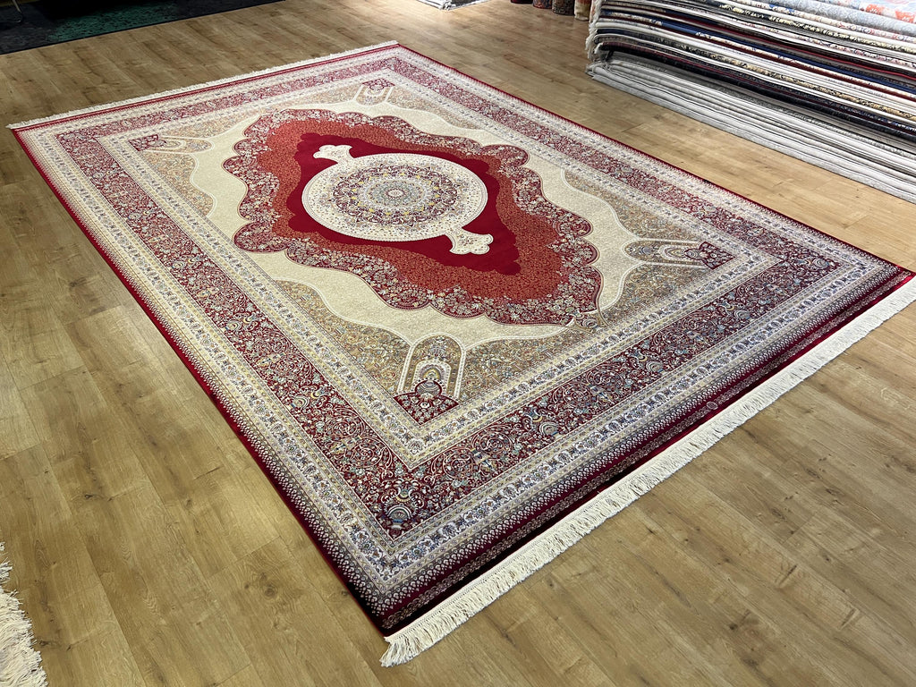 Red Modal Silk Turkish Rug, Palace Design 8x11 ft