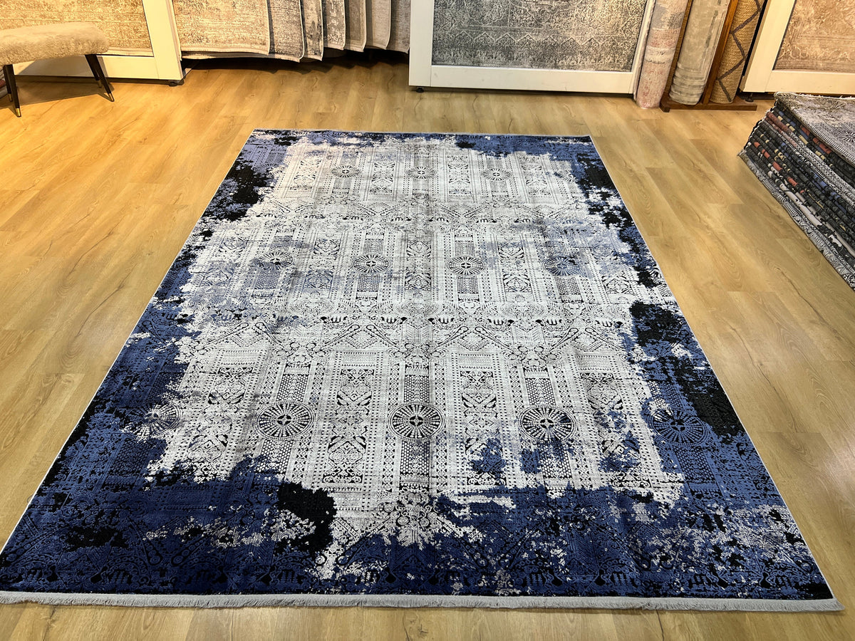 7x10 Ft Blue Gray Traditional Ethnic Pattern Distressed Bamboo Rug