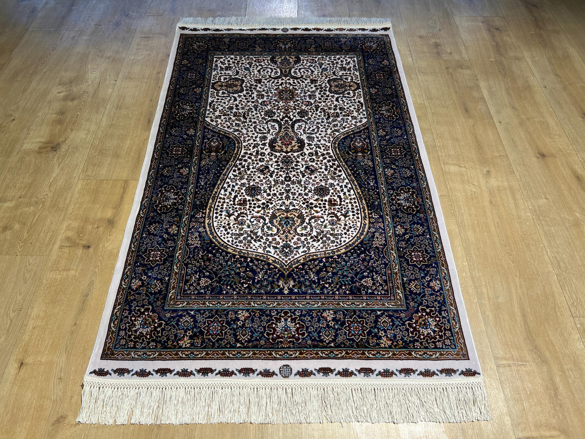 2.62x4.10 ft Ivory Silk Prayer Rug with Navy Border, Floral Design
