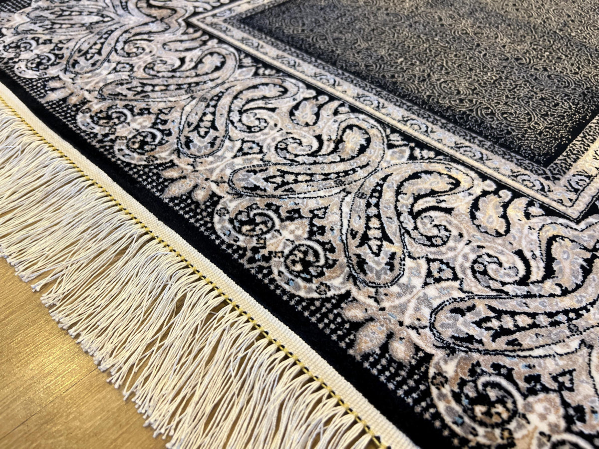 Black Silk Runner Rug with Framed Border, 3x10 ft, Classic Luxury Hallway Rug