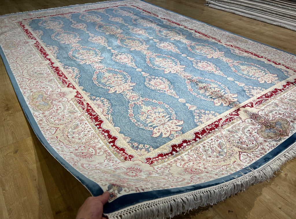 7x10 ft Blue Gold Silk Rug, Framed Classic Design, Turkish Style Carpet