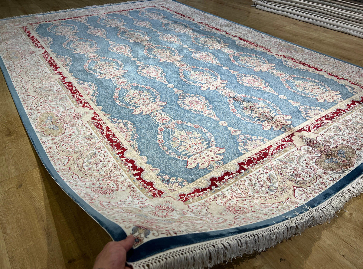 7x10 ft Blue Gold Silk Rug, Framed Classic Design, Turkish Style Carpet