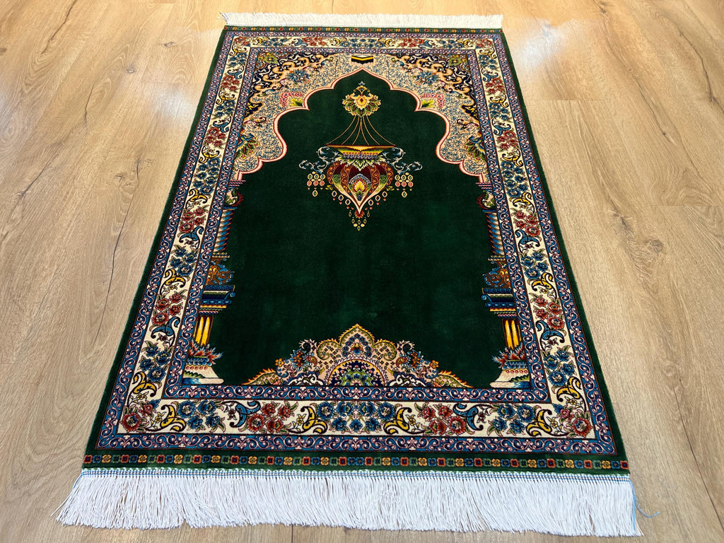 Green Modal Silk Prayer Rug, Luxury Muslim Gift Mat (2.62X4.10 ft) Janamaz Mat