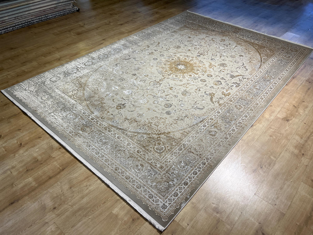 7x10 Beige Gold Bamboo Rug, Medallion Classic Carpet, Luxury Living Room Rug