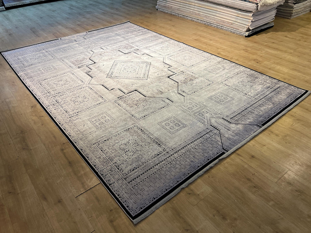 8x11 ft Gray Geometric Bamboo Rug with Ethnic Patterns, Modern Natural Carpet