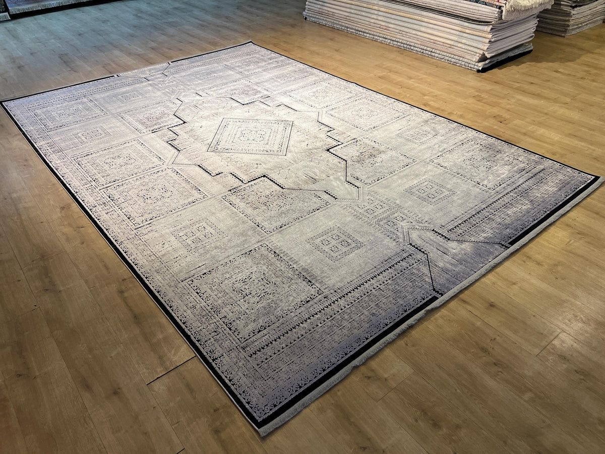 8x11 ft Gray Geometric Bamboo Rug with Ethnic Patterns, Modern Natural Carpet
