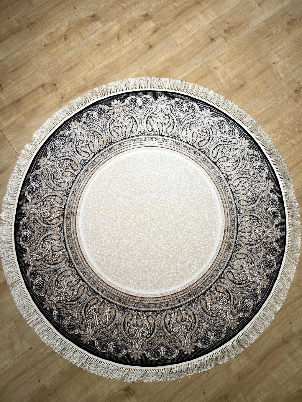 5x5 Ft Round Cream Silk Rug, Black Framed Border, Classic Luxury Turkish Rug
