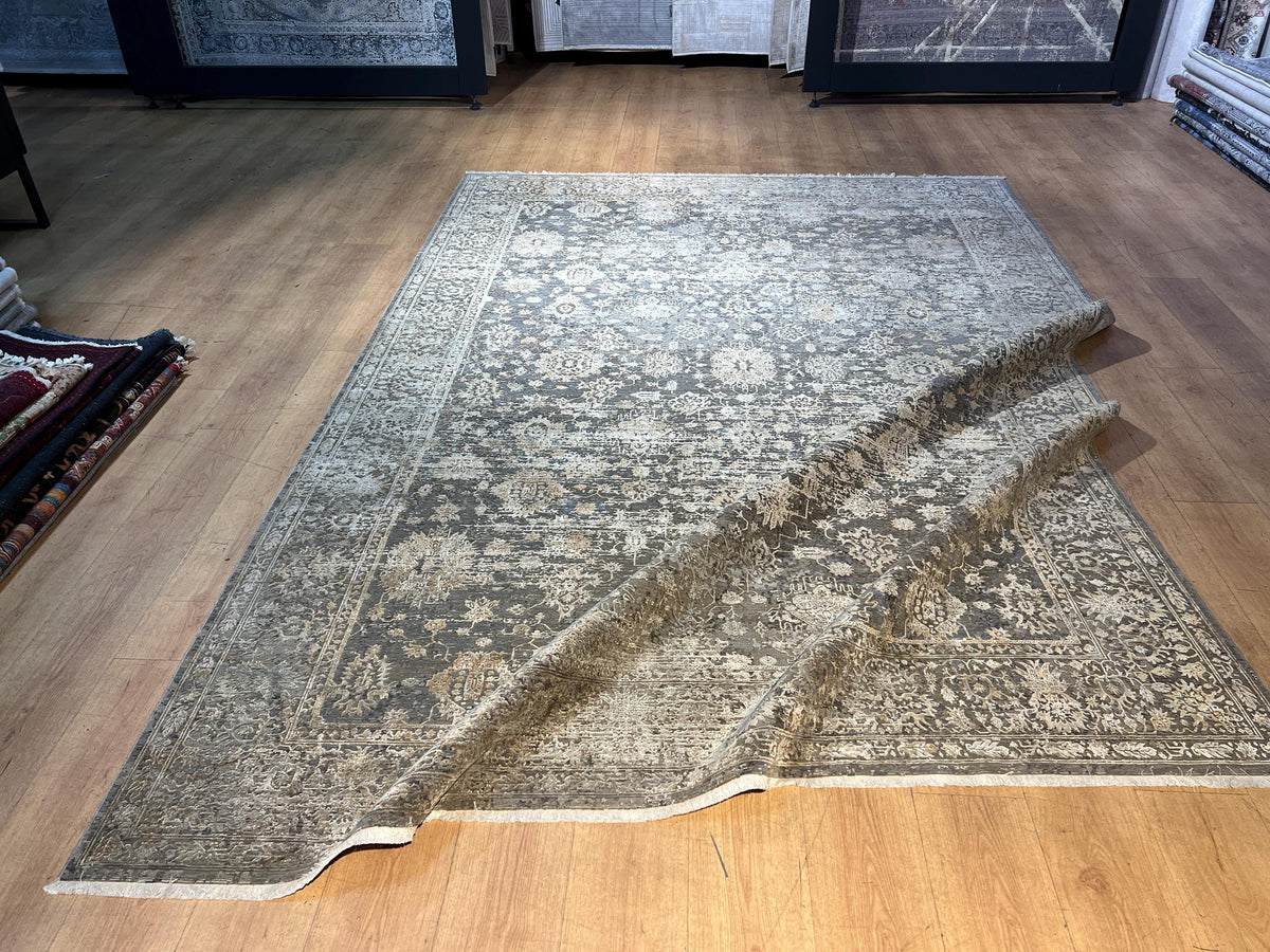 Brown Gray Bamboo Rug with Antique Distressed Floral Pattern