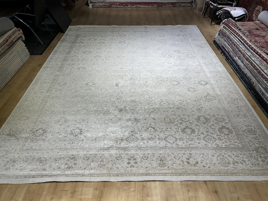 10x13 ft Gray Beige Floral Bamboo Rug with Ethnic Modern Patterns, Big Size Rug
