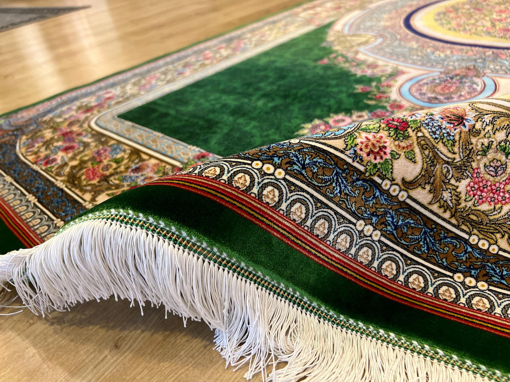 Luxury Green Silk Rug With Floral Border and Medallion