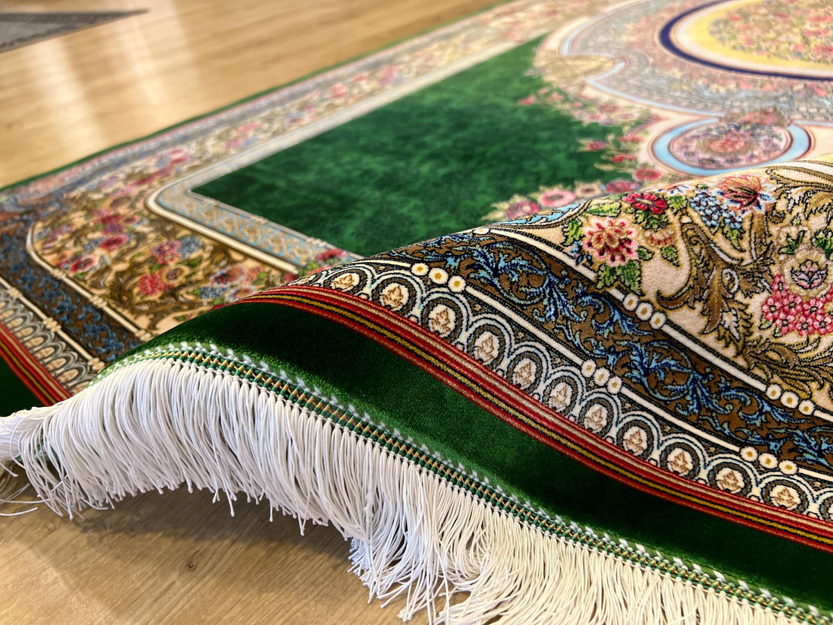 Luxury Green Silk Rug With Floral Border and Medallion
