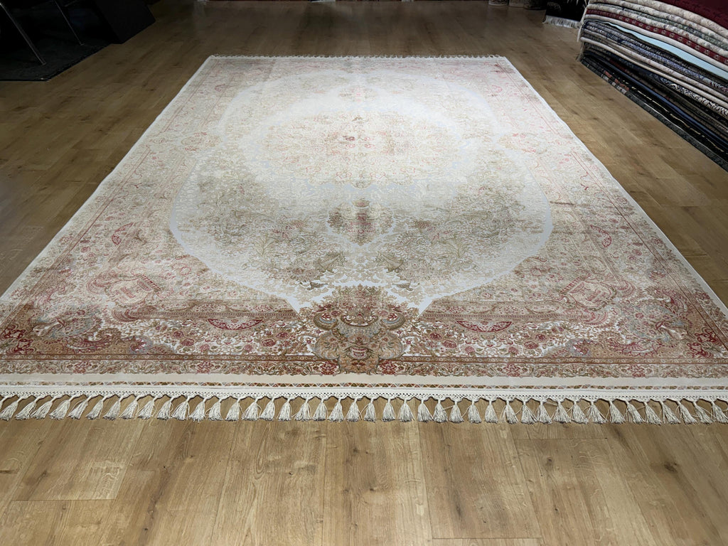 7x10 Ivory Silk Rug, Green Gold Floral Silk Carpet, Classic Medallion Design