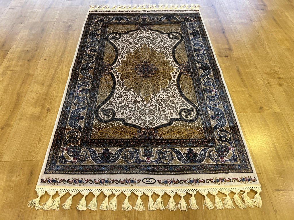 Ivory Silk Rug with Gold Medallion Pattern, Small Silk Carpet