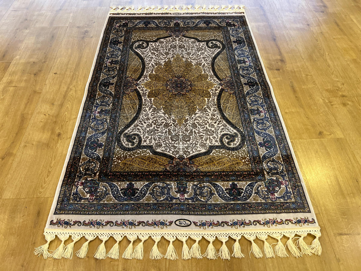 Ivory Silk Rug with Gold Medallion Pattern, Small Silk Carpet