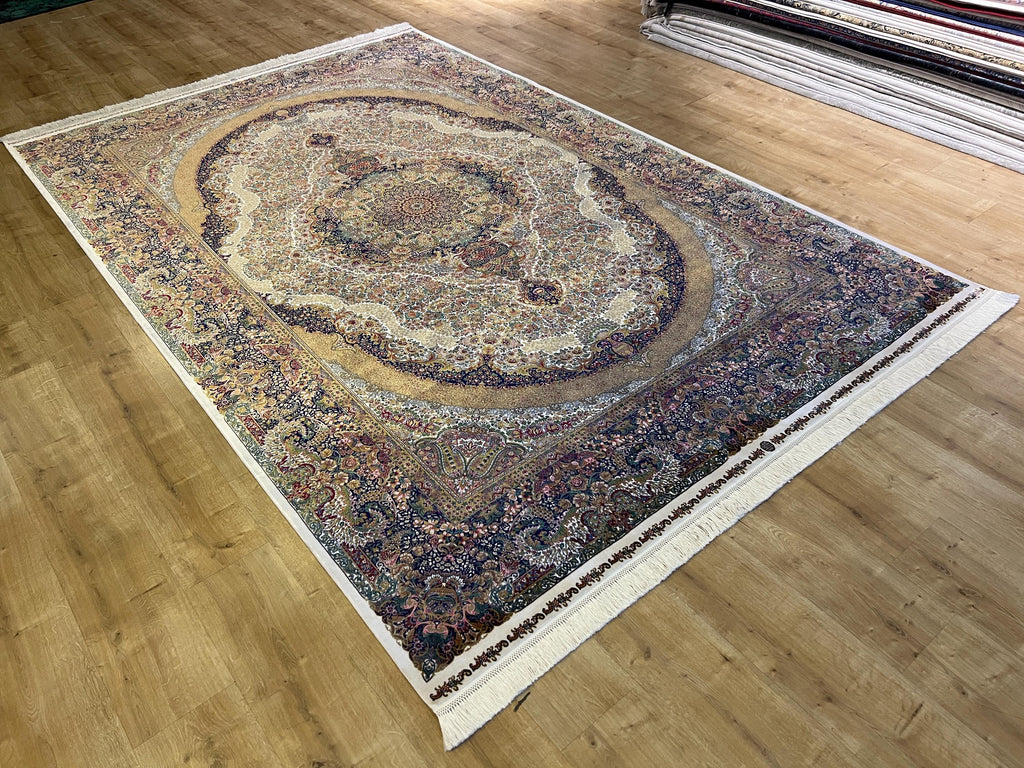 7x10 ft Ivory Silk Rug with Colourful Floral Medallion, Classic Luxury Carpet
