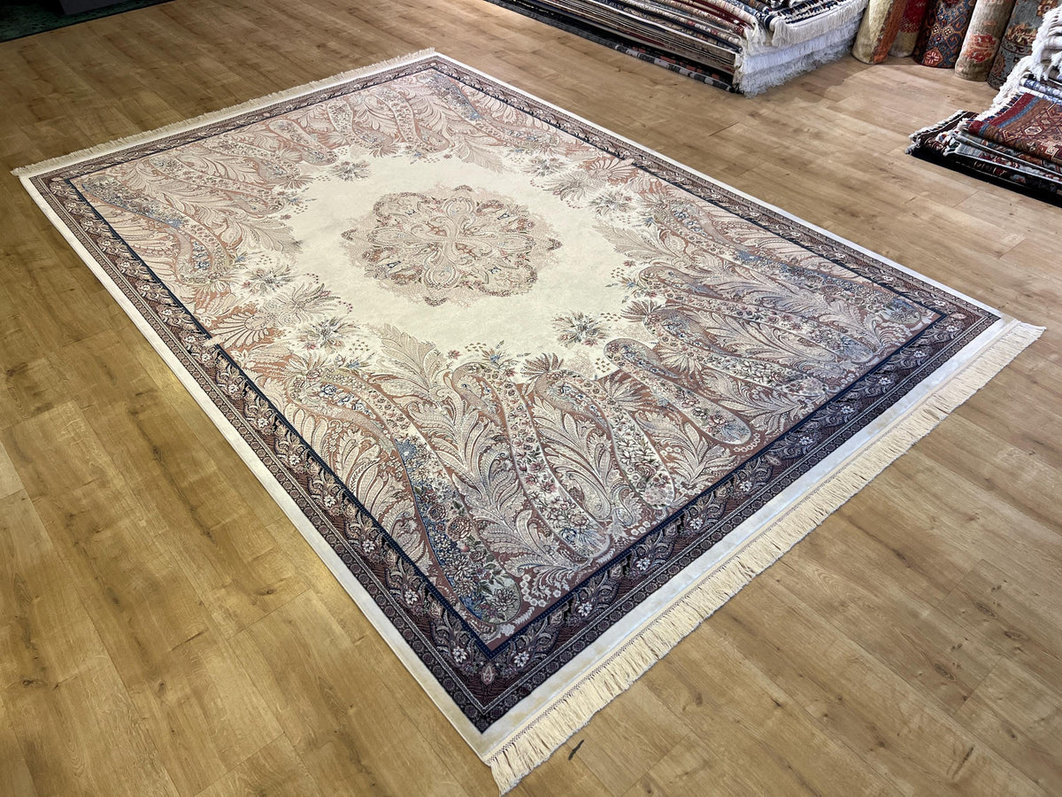 7x10 ft Luxury Cream Silk Rug, Brown Medallion Classic Design, Oversize Rug