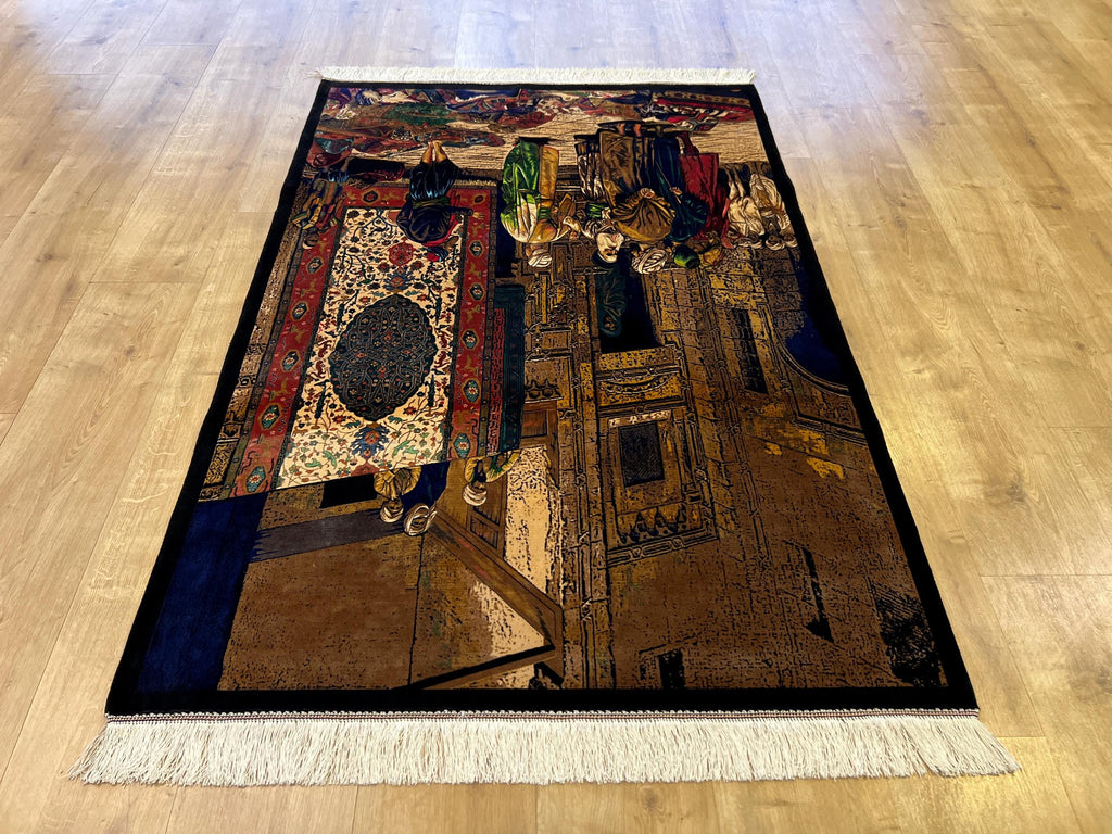 3x5 Ft Tapestry Silk Rug With Historic Bazaar Illustration, Wall Decor