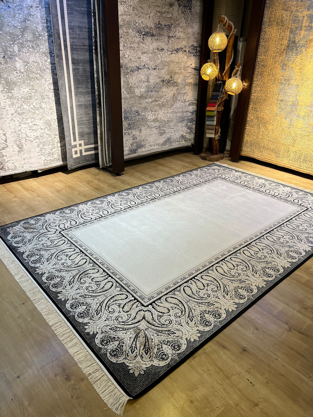 Cream Silk Rug, Black Framed Elegant Style, Luxury Home Decor