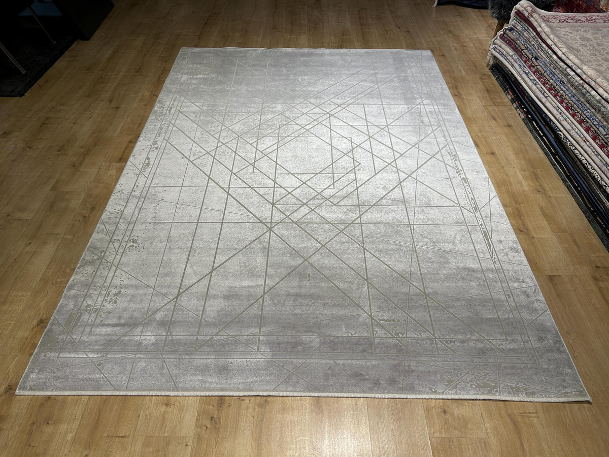 7x10 ft Gray Beige Bamboo Rug, Geometric Striped Pattern, Abstract Modern Area Rug