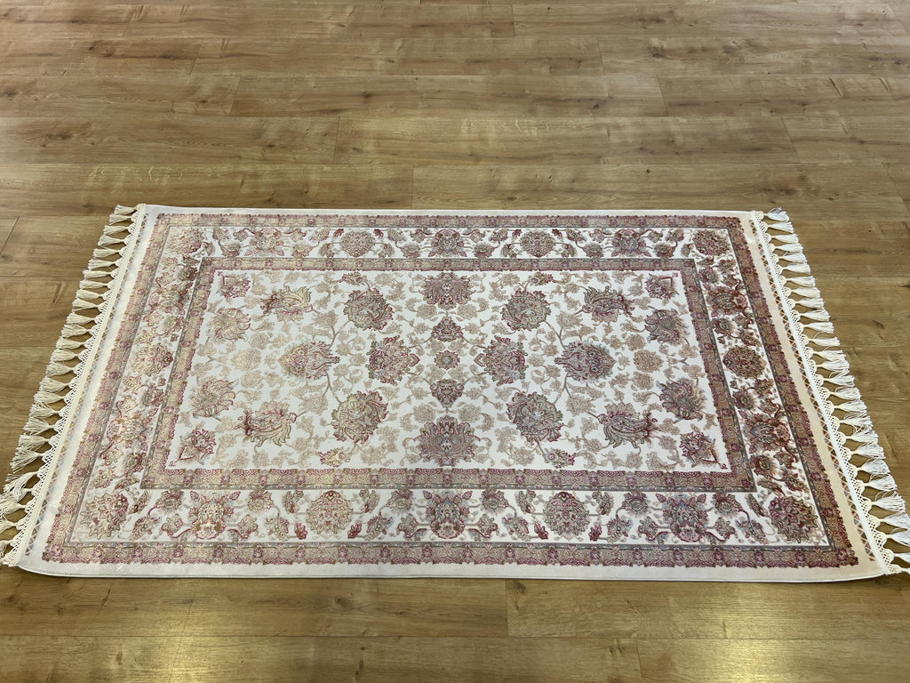 Ivory Silk Bamboo Rug with Gold Pattern and Framed Border, 3x5 ft, Classic Rug
