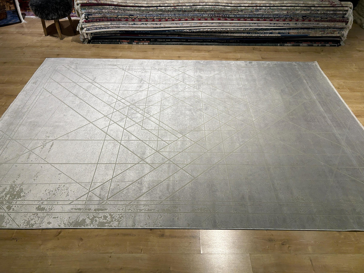 7x10 ft Gray Beige Bamboo Rug, Geometric Striped Pattern, Abstract Modern Area Rug