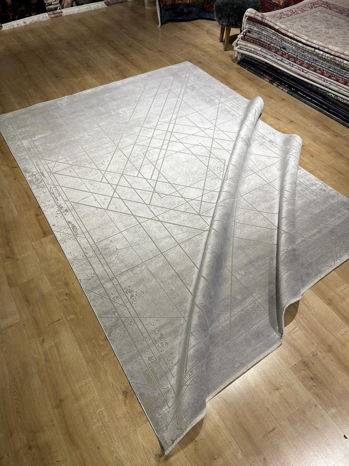 7x10 ft Gray Beige Bamboo Rug, Geometric Striped Pattern, Abstract Modern Area Rug