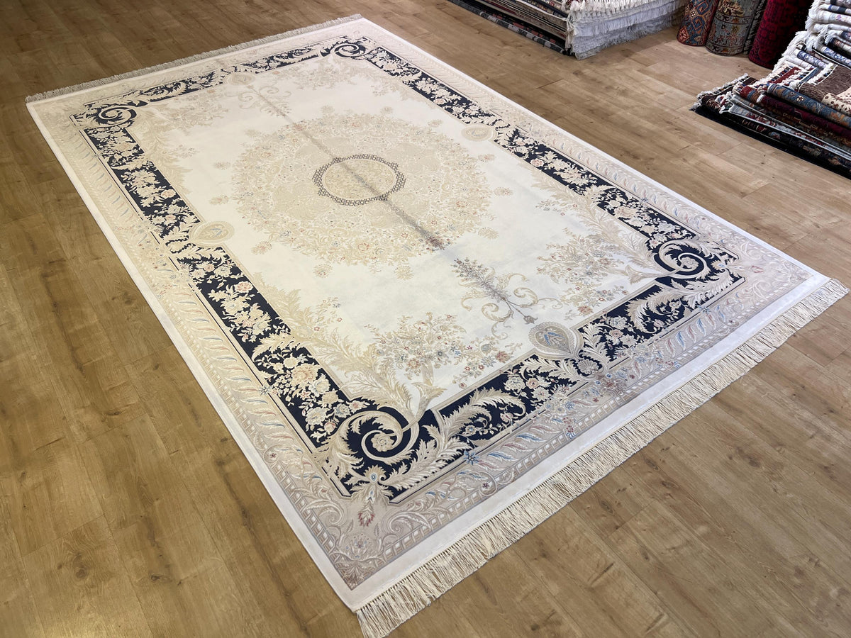7x10 ft Ivory Silk Rug, Navy Blue Border Gold Medallion, Classic Turkish Rug