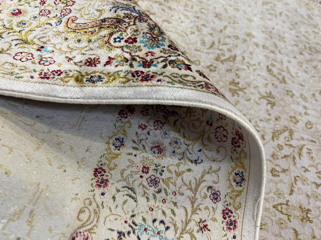 Cream Gold Silk Turkish Rug, 3x10 ft, Luxury Hallway Rug