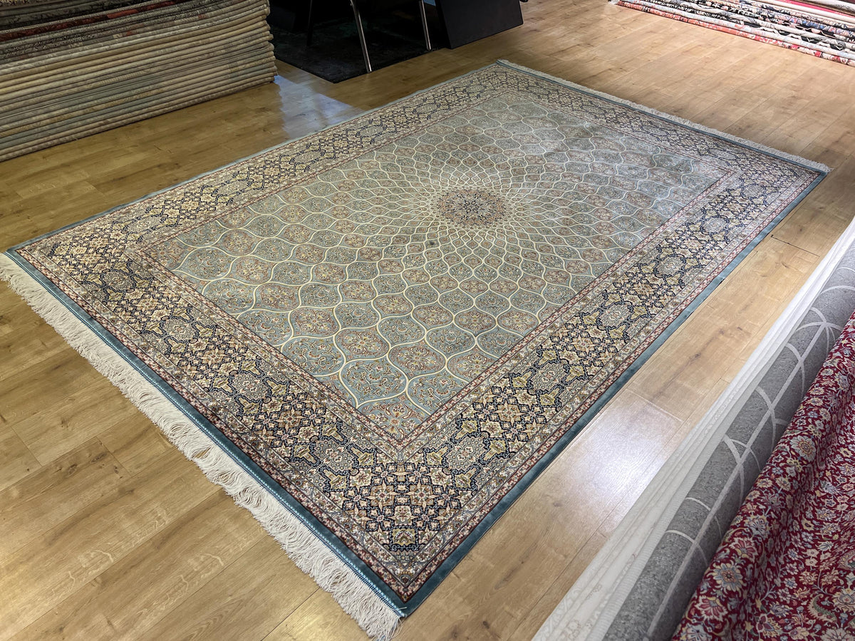 7x10 Ft Blue Silk Rug, Classic Medallion Design, Traditional Pattern