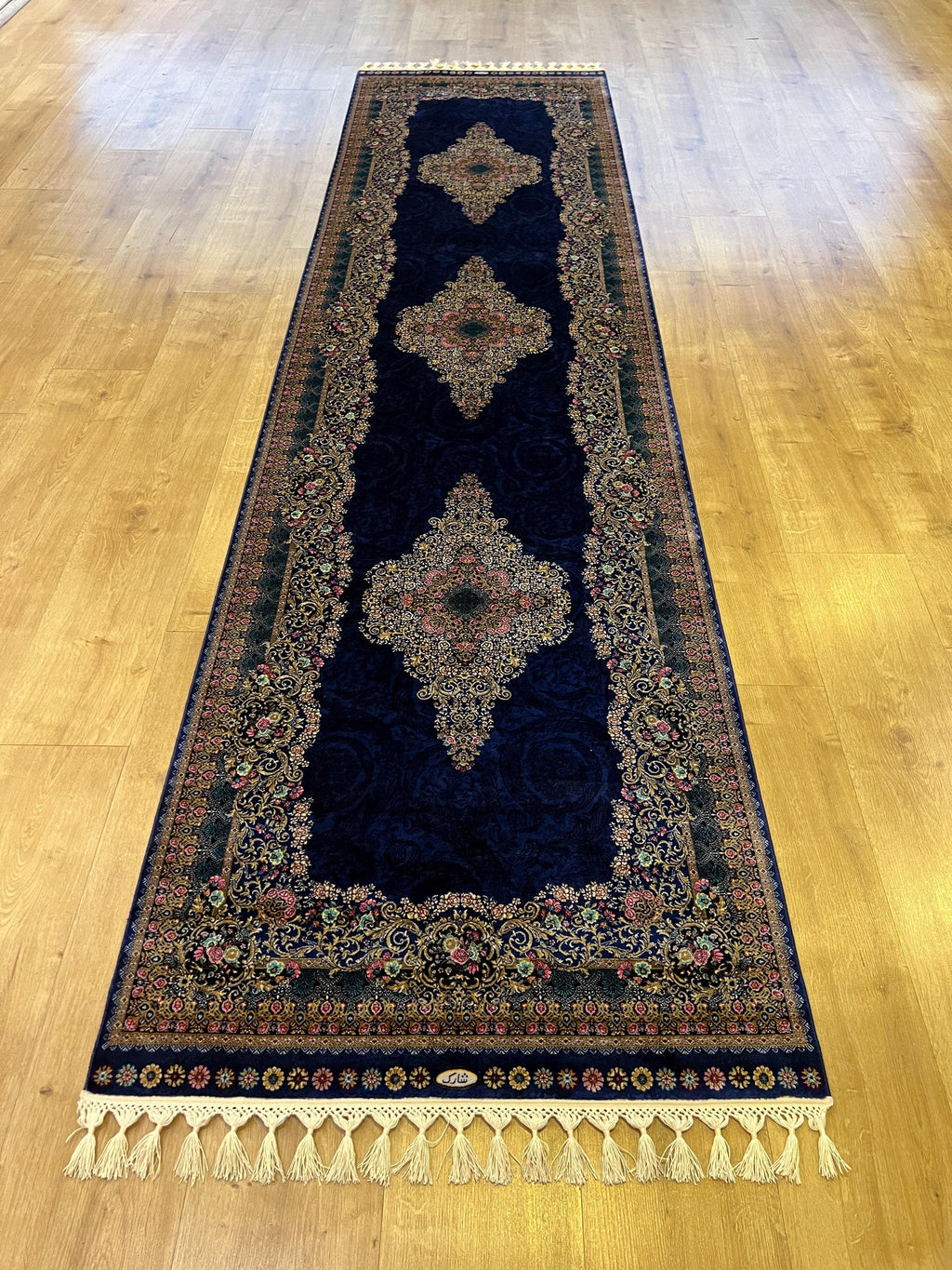 Navy Blue Medallion Silk Runner Rug, 3x10 ft, Classic Luxury Hallway Rug