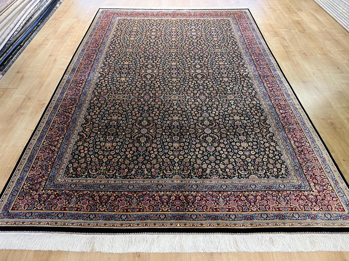 7x10 Ft Black Silk Rug With Red Border, Traditional Floral Classic Design