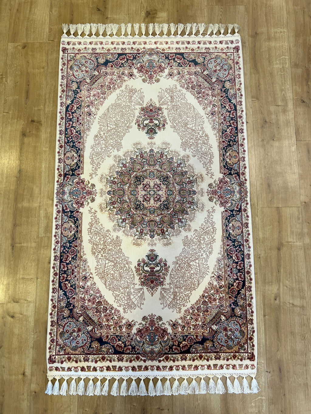 Ivory Silk Rug with Navy Blue Border and Medallion, 3x5 ft, Classic Small Rug