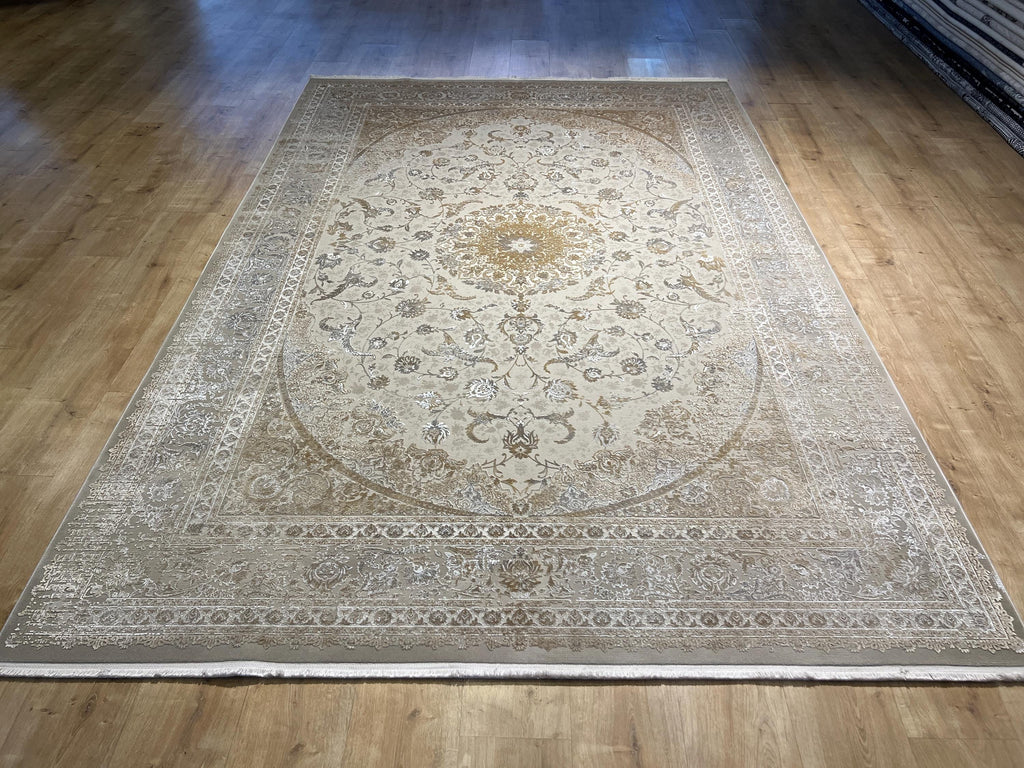 7x10 Beige Gold Bamboo Rug, Medallion Classic Carpet, Luxury Living Room Rug