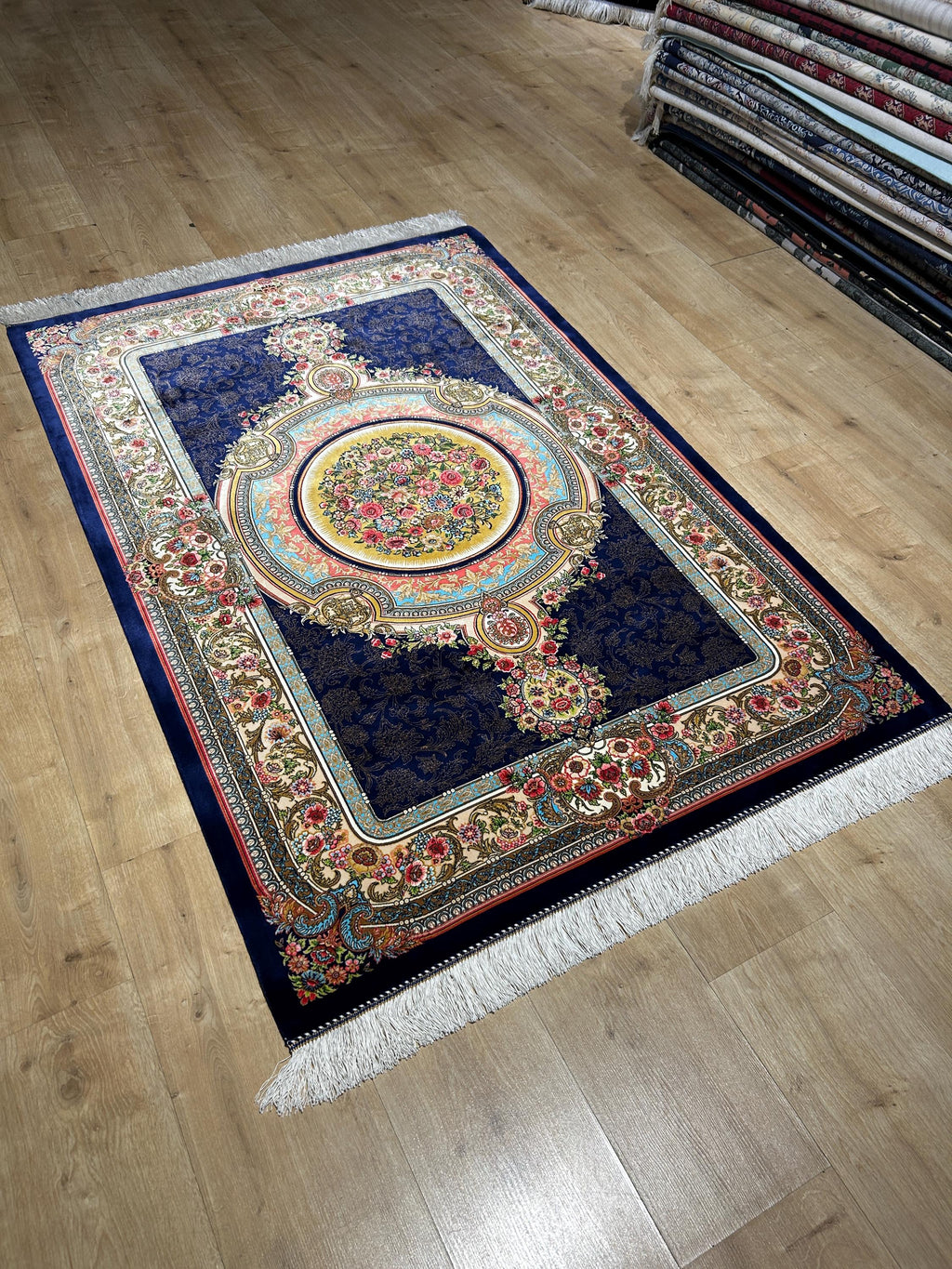 Navy Blue Silk Rug, Gold Floral Medallion Design, Classic Luxury Rug