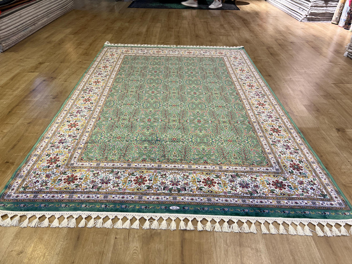 Green Floral Silk Rug with Ivory Frame Classic Turkish Design