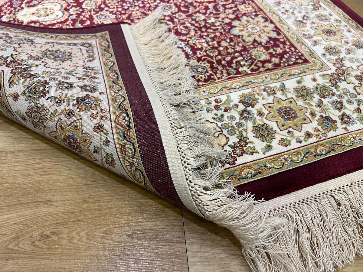 Red Modal Silk Prayer Rug, Janamaz Mat, Muslim Gift (2.62X4.10)