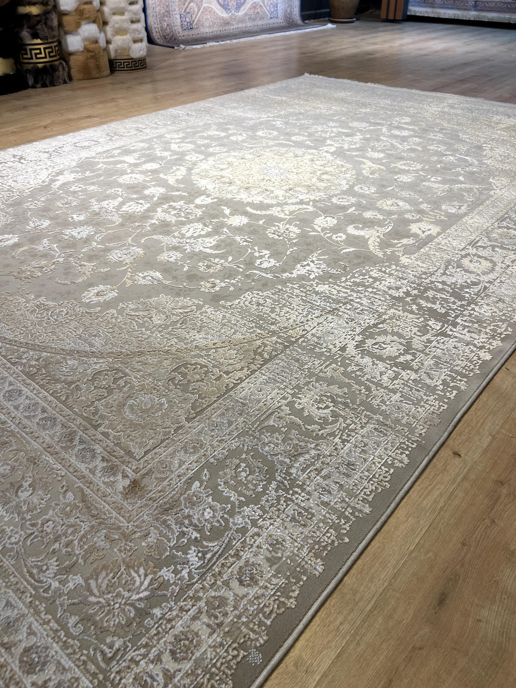 7x10 Beige Gold Bamboo Rug, Medallion Classic Carpet, Luxury Living Room Rug