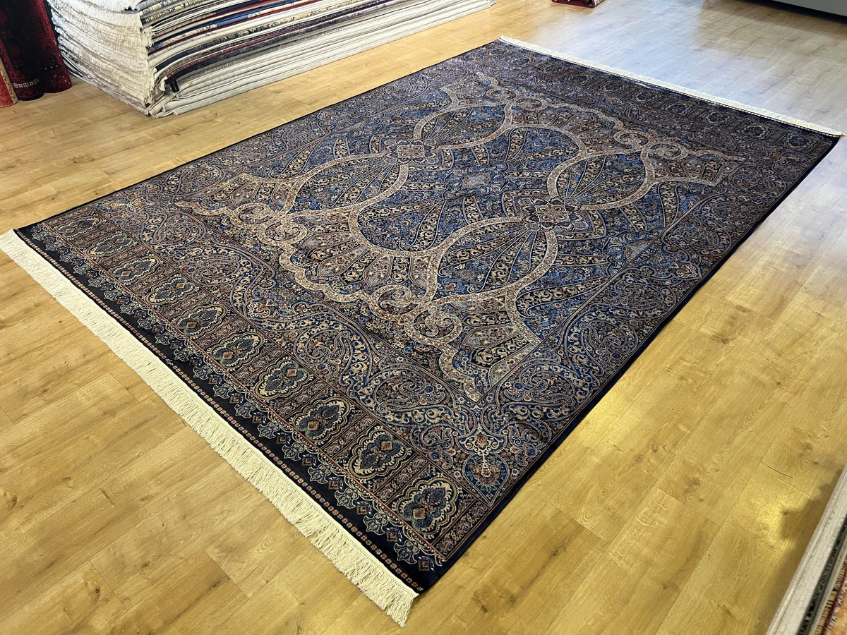 Blue Gold Silk Palace Rug, 8x11 ft, Traditional Turkish Carpet