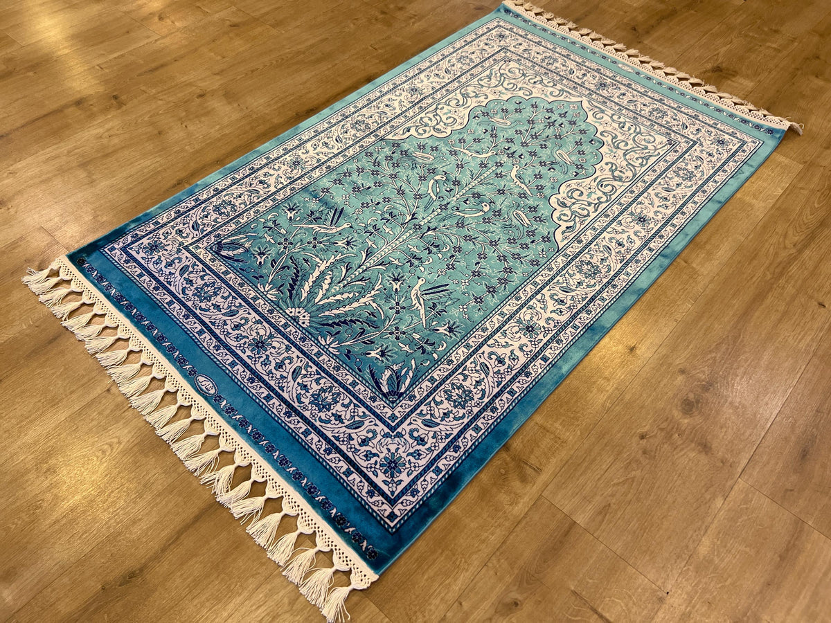 Blue Silk Muslim Prayer Rug, Janamaz Mat, Prayer Gift 2.62X4.10 ft