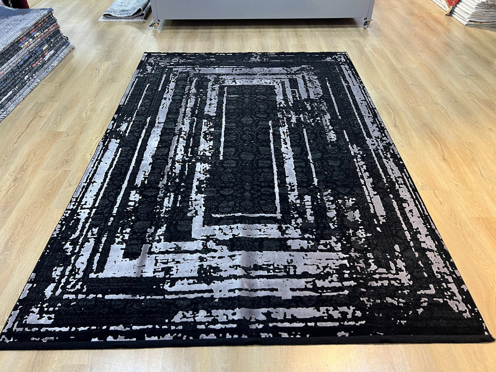 7x10 Ft Black Ethnic Distressed Bamboo Rug with Gray Modern Lines